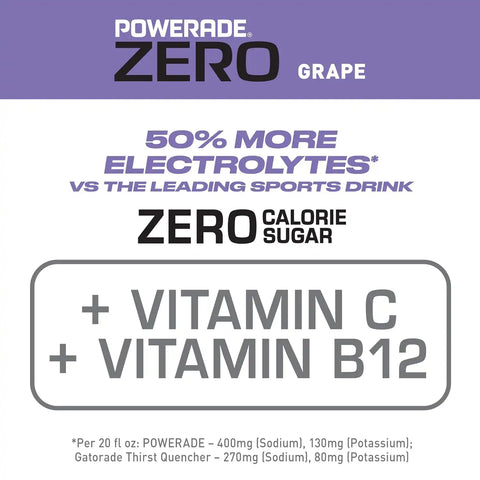POWERADE Electrolyte Enhanced Zero Sugar Grape Sports Drink, 20 Ounce (Pack of 8) | Sugar-free Sport Beverage Enhanced with Electrolytes | 50% More Electrolytes vs. the Leading Sports Drink (per 12oz serving)*