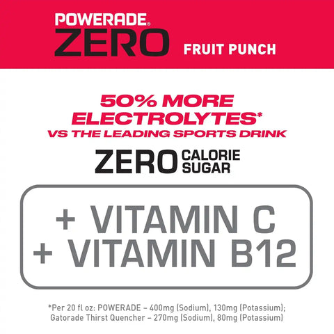 POWERADE ZERO Fruit Punch, 20 fl oz, 8 Pack | Sugar-free Sport Beverage Enhanced with Electrolytes | 50% More Electrolytes vs. the Leading Sports Drink (per 12oz serving)*
