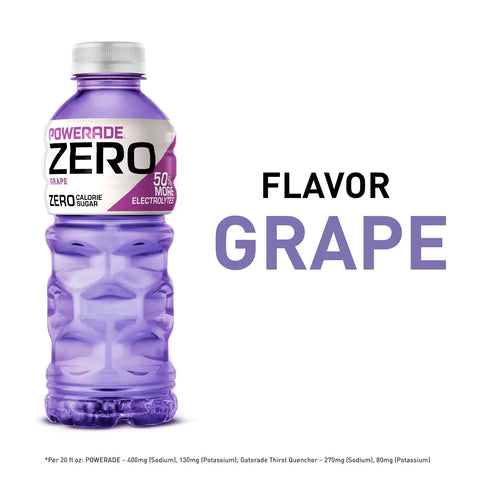 POWERADE Electrolyte Enhanced Zero Sugar Grape Sports Drink, 20 Ounce (Pack of 8) | Sugar-free Sport Beverage Enhanced with Electrolytes | 50% More Electrolytes vs. the Leading Sports Drink (per 12oz serving)*