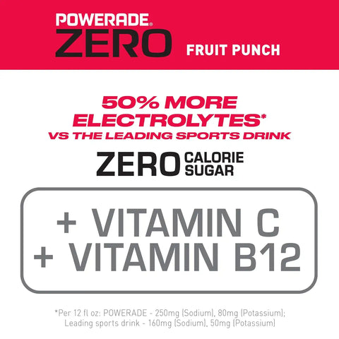 POWERADE ZERO Fruit Punch, 20 fl oz, 8 Pack | Sugar-free Sport Beverage Enhanced with Electrolytes | 50% More Electrolytes vs. the Leading Sports Drink (per 12oz serving)*