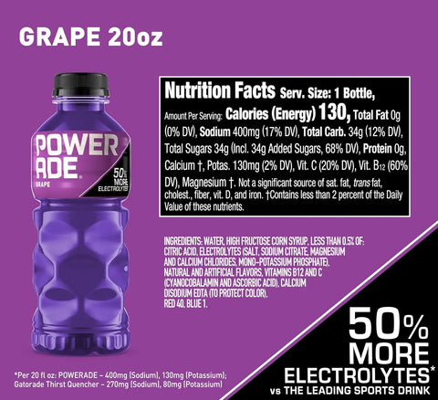 POWERADE Sports Drink Grape, 20 Ounce (Pack of 8) | Sport Beverage Enhanced with Electrolytes | 50% More Electrolytes vs. the Leading Sports Drink (per 12oz serving)*
