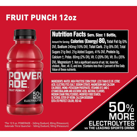 POWERADE Sports Drink Fruit Punch, 12 Ounce (Pack of 8) | Sport Beverage Enhanced with Electrolytes | 50% More Electrolytes vs. the Leading Sports Drink (per 12oz serving)*