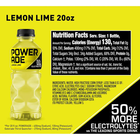 POWERADE Sports Drink, Lemon Lime Electrolyte Drink, 20 Oz (8 Pk) | Sport Beverage Enhanced with Electrolytes | 50% More Electrolytes vs. the Leading Sports Drink (per 12oz serving)*