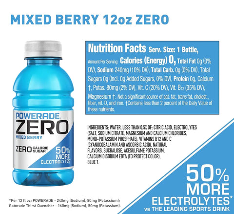 POWERADE Electrolyte Enhanced Zero Sugar Mixed Berry Sports Drink, 12 Ounce (Pack of 8)