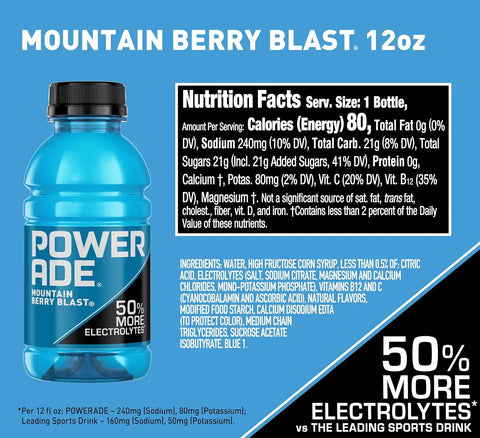 POWERADE Sports Drink, Mountain Berry Blast Electrolyte Drink, 12 Oz (8 Pk) | Sport Beverage Enhanced with Electrolytes | 50% More Electrolytes vs. the Leading Sports Drink (per 12oz serving)*