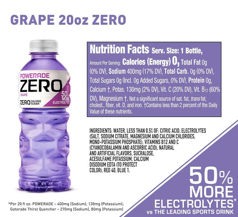 POWERADE Electrolyte Enhanced Zero Sugar Grape Sports Drink, 20 Ounce (Pack of 8) | Sugar-free Sport Beverage Enhanced with Electrolytes | 50% More Electrolytes vs. the Leading Sports Drink (per 12oz serving)*